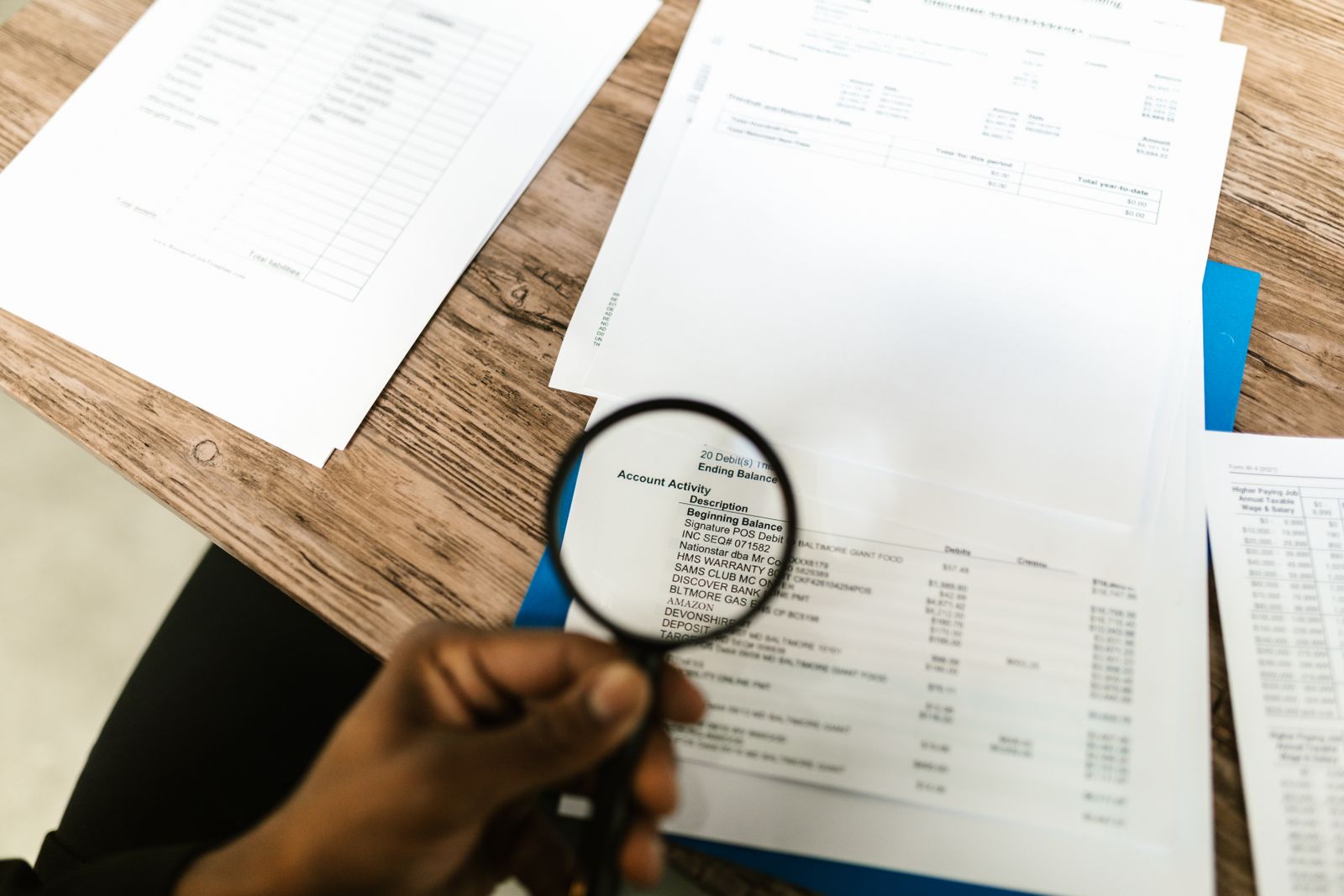 Reviewing documents with a magnifying glass